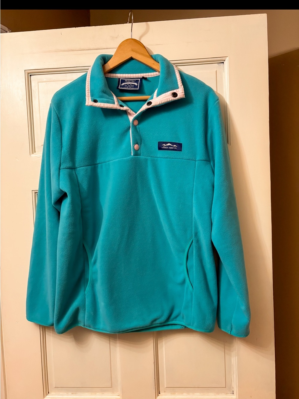 Lauren James Teal Zip-Style Fleece Pullover with Cream Trim